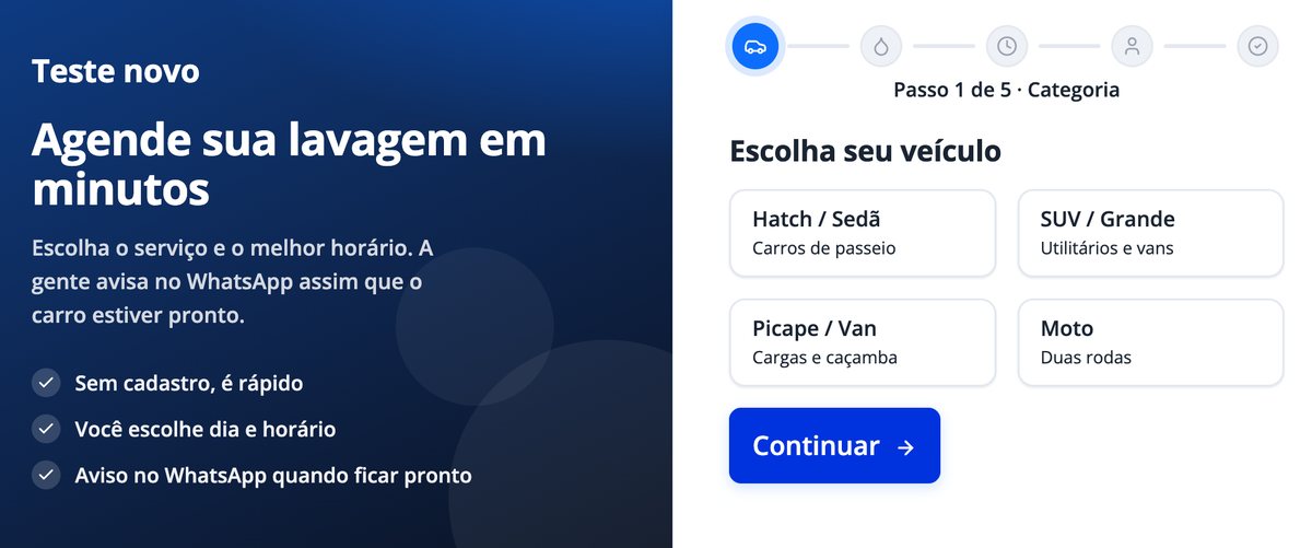 Tela de agendamento online: o cliente escolhe o veículo, o serviço e o melhor horário